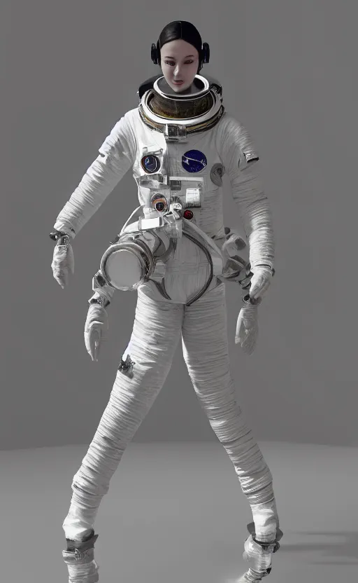 Image similar to hybrid fashion model astronaut wearing a dress designed by alexander mcqueen, catwalk, soft ambient lighting, photorealism, unreal engine