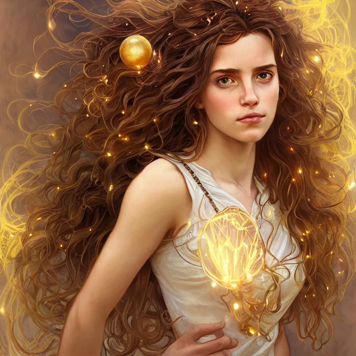 Prompt: beautiful hermione with sparkling eyes, messy hair, closed up portrait, highly detailed, golden snitch, epic, stunningly beautiful, insanely detailed, fantasy novel, soft cinematic lighting, award, disney concept art, watercolor illustration by mandy jurgens and alphonse mucha and alena aenami, pastel color palette, featured on artstation