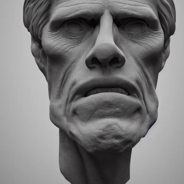 Image similar to photography of a bust of old Wiliam Dafoe made of clay by Sebastian Kruger and Michelangelo, 50mm, studio atmosphere, 8K, rim light, octane render, ultra-realistic