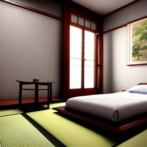 Image similar to still photo of a japanese bed room, highly detailed, photorealistic portrait, bright studio setting, studio lighting, crisp quality and light reflections, unreal engine 5 quality render