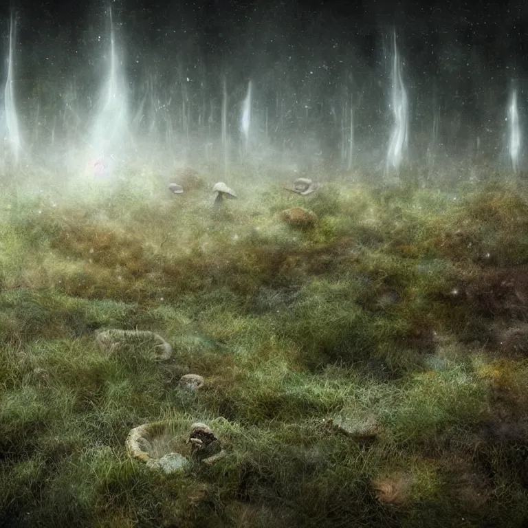 Image similar to a planet of various fungus, mushrooms and plants, inside the picture is infinity, Atmospheric phenomenon, artistic photography, muted colors, conceptual, long exposure outside the city, volumetric light