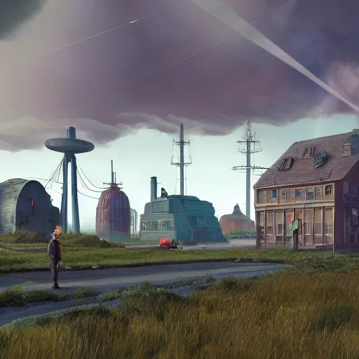 Image similar to some atompunk buildings with the sun shining through the clouds in utopia by Simon Stålenhag and Greg Rutkowski,In style of Grant Wood.hyper detailed,8K Resolution,unreal engine 5,epic lighting,Ray Tracing,highly realistic