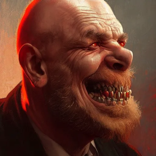 Image similar to portrait of a red bald man with black eyes and a black teeth, horror, glowing eyes, by Stanley Artgerm Lau , greg rutkowski, thomas kindkade, alphonse mucha, loish, norman rockwell. Trending on artstation detailed illustration hd 4k