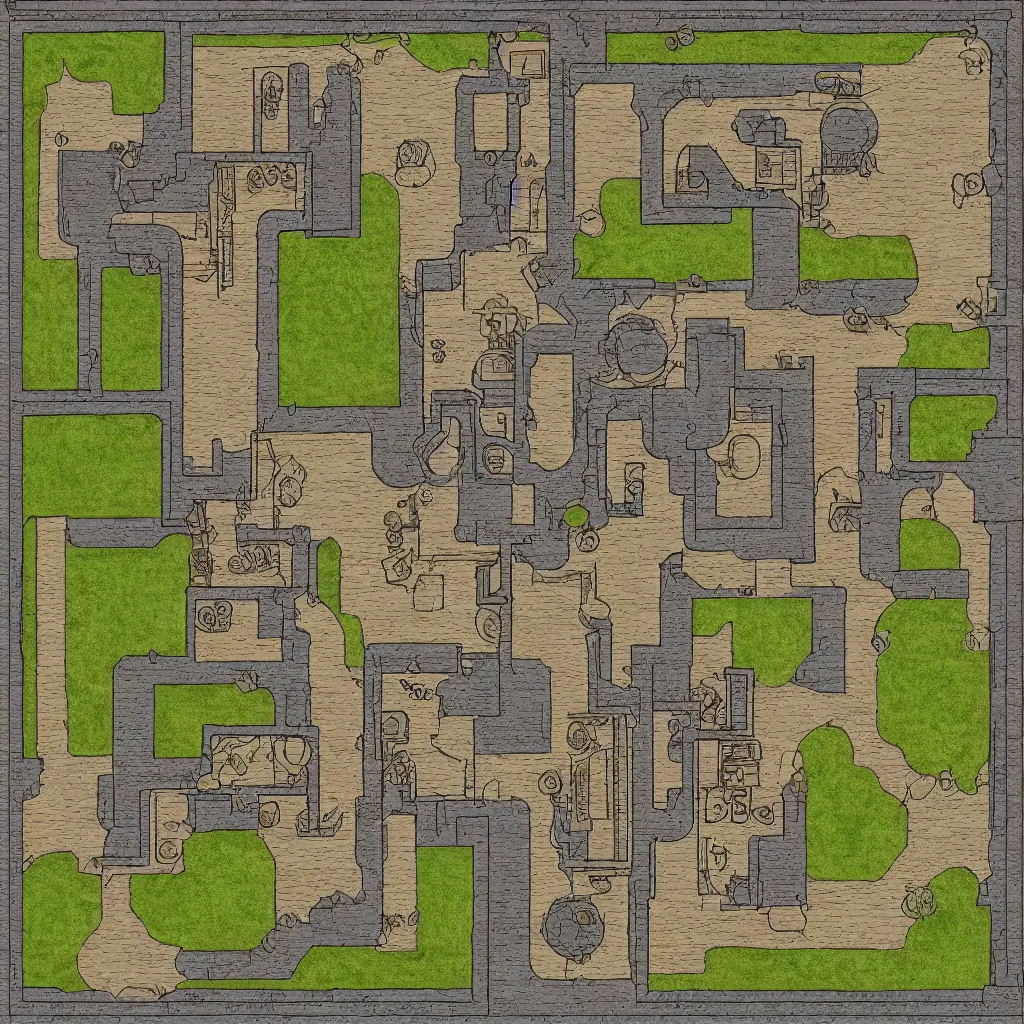 Image similar to tabletop rpg battlemap, castle floorplan, top down grid, high detail, architectural, full color, flat light, spiral stairs, gate, narrow windows