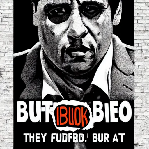 Prompt: a buffalo in the streets surrounded by bricks of flour digital illustration poster scarface, godfather, 8 k