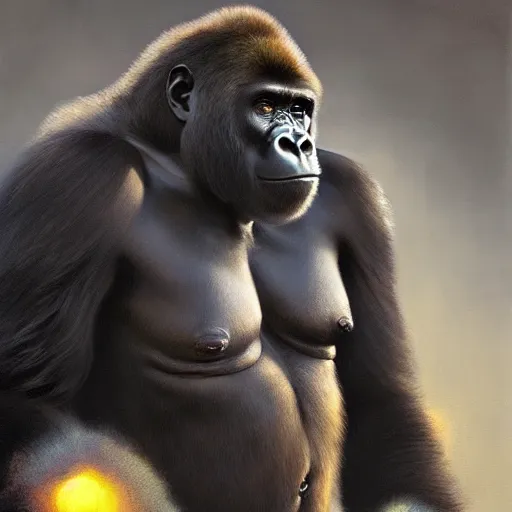 Image similar to a painting of a gorilla, greg rutkowski, cinematic lighting, hyper realistic painting