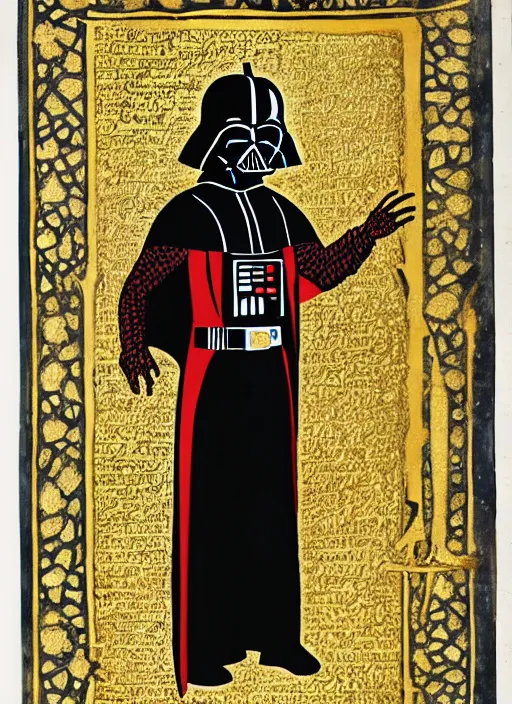 Image similar to Darth Vader in a page from from an illuminated manuscript, gold leaf, high detail