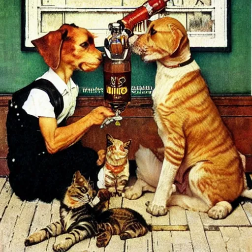 Prompt: norman rockwell painting of cats and dogs drinking beer