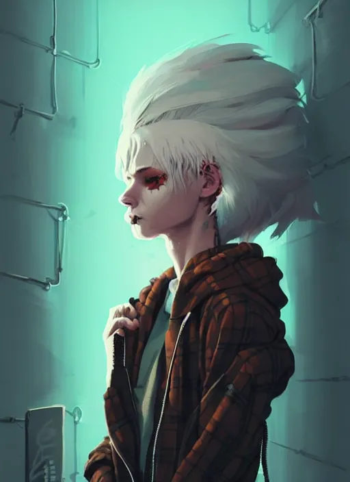 Prompt: highly detailed portrait of a sewer punk swedish lady, tartan hoody, white hair by atey ghailan, by greg rutkowski, by greg tocchini, by james gilleard, by joe fenton, by kaethe butcher, gradient light blue, brown, blonde cream and white color scheme, grunge aesthetic!!! ( ( graffiti tag wall background ) )