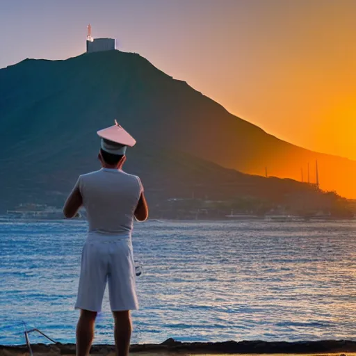 Prompt: a sailor watching the sunset with diamond head hawaii in the background