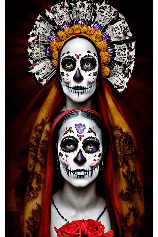 Image similar to photogravure virgin mary in dia de muertos dress and make up, head tiled back horrific beautiful vibe, evocative, atmospheric lighting, painted, intricate, highly detailed, leesha hannigan, wayne haag, reyna rochin, ignacio fernandez rios, mark ryden, iris van herpen, stunning, gorgeous, sharp focus, cinematic, masterpiece