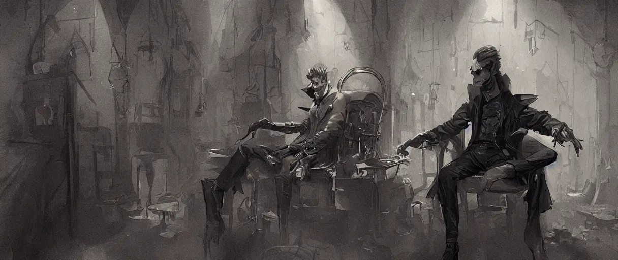 Prompt: duotone black and sepia background comic noir illustration emiel regis old classy vampire wearing leather clothes from wicther 3 silver hair and sideburns sitting in a crypt workshop. by sachin teng and sergey kolesov and ruan jia and heng z. graffiti art, scifi, fantasy, hyper detailed. octane render. concept art. trending on artstation