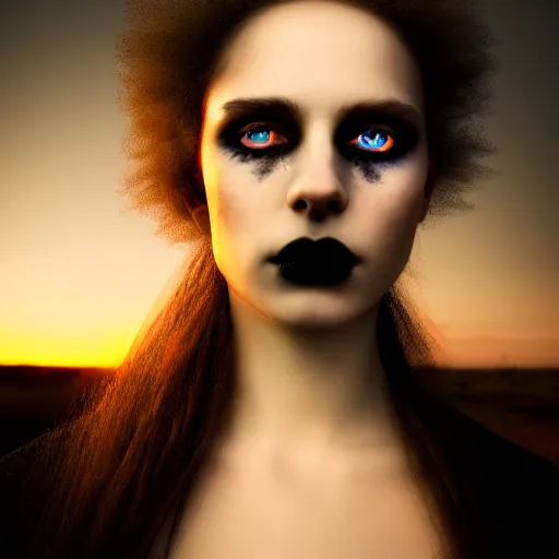 Image similar to photographic portrait of a stunningly beautiful gothic femalewith glowing eyes in soft dreamy light at sunset, contemporary fashion shoot, by edward robert hughes, annie leibovitz and steve mccurry, david lazar, jimmy nelsson, breathtaking, 8 k resolution, extremely detailed, beautiful, establishing shot, artistic, hyperrealistic, beautiful face, octane render