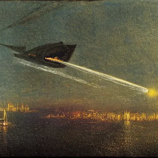 Image similar to An airship caught in searchlight beams during an air raid on London in the style of John Atkinson Grimshaw