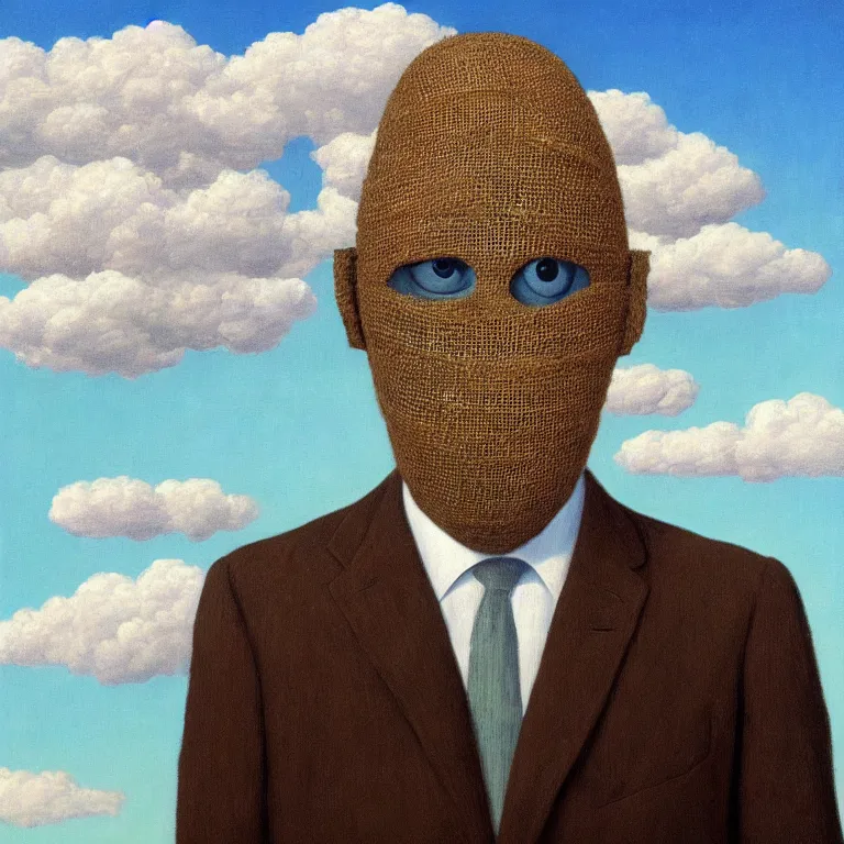 Prompt: portrait of a faceless burlap sack - head man in a suit, clouds in the background, by rene magritte, detailed painting, distance, centered, hd, hq, high resolution, high detail, 4 k, 8 k