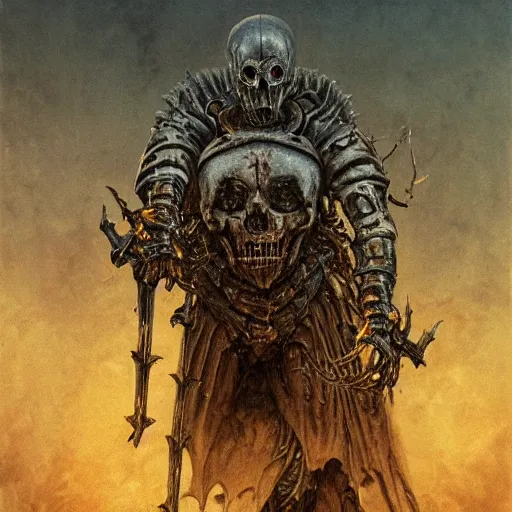 Prompt: terror knight, huge guns, armor of rat skulls, horror art, golden hour, by beksinski, szukalski, giger, pyromallis, dzo, iris compiet, seb mckinnon, digital art, highly detailed, intricate, sharp focus, trending on artstation hq, deviantart, pinterest, unreal engine 5, 4 k uhd image