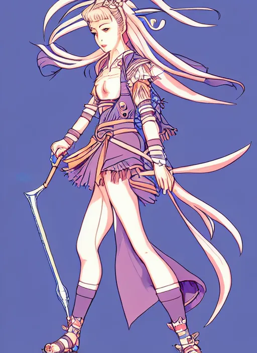 Image similar to cel - shaded anime character, full body design of beautiful fantasy warrior girl in the style of studio ghibli, moebius, ayami kojima, atelier lulua, clean linework