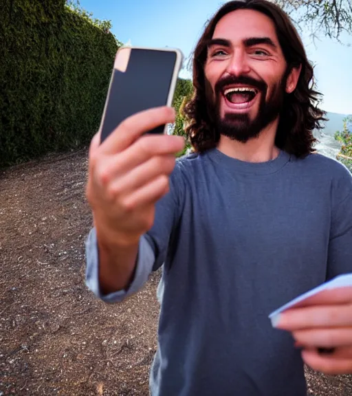 Image similar to Jesus taking a selfie. He is laughing. Professional photo