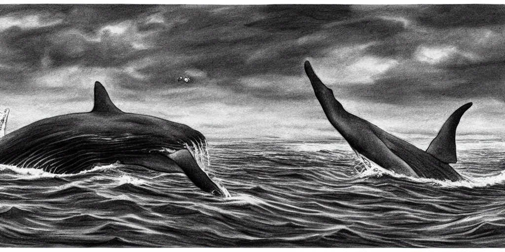 Image similar to a dark cloudy day, a whale swimming in the sky, pencil drawing, ultra realistic, dmt