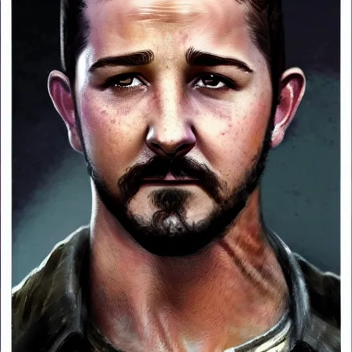 Prompt: A combination of George Eads's and Tristin Mays's and Shia LaBeouf 's faces as Aiden Caldwell character from Dying Light 2 Stay Human, western, D&D, fantasy, intricate, elegant, highly detailed, digital painting, artstation, concept art, matte, sharp focus, illustration, art by Artgerm and Greg Rutkowski and Alphonse Mucha