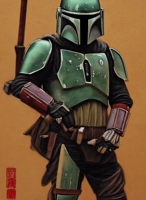 Image similar to boba fett ( mandalorian from star wars ) in a samurai japanese version, very detailed oil painting, dark and realistic, japanese art art