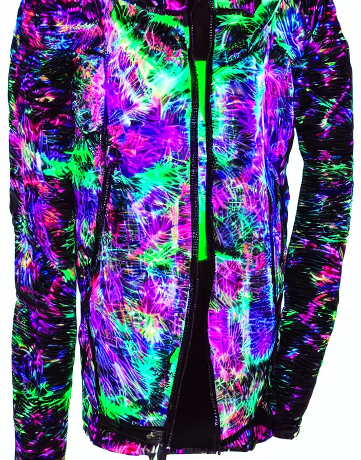 Prompt: generative design autumn season rave jacket with led screen skin and fluffy lining in the style of cyberdog, futuristic psychedelic hippy, product shot, dark background