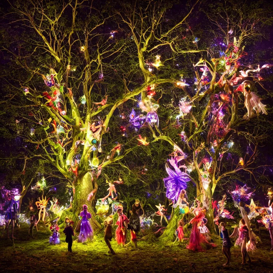 Image similar to photography award of a night carnival fairies around a magical tree, christmas lights, creatures and fantastic people disguised as fantastic creatures in a magical forest by summer night, masterpiece photography by gregory crewdson and john anster fitzgerald, volumetric lightning