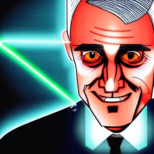 Image similar to bright glowing eyes, digital illustration of secretary of denis mcdonough face with demonic laser eyes, cover art of graphic novel, eyes replaced by glowing lights, glowing eyes, flashing eyes, balls of light for eyes, evil laugh, menacing, Machiavellian puppetmaster, villain, clean lines, clean ink