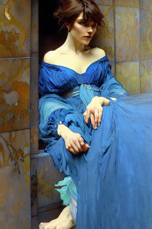 Prompt: A woman wearing blue clothes, fantasy, painting by greg rutkowski and alphonse mucha