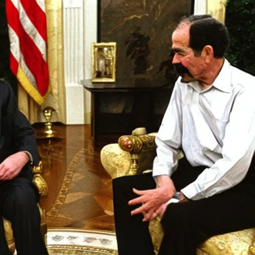 Prompt: saddam hussein meeting george w. bush in the white house.