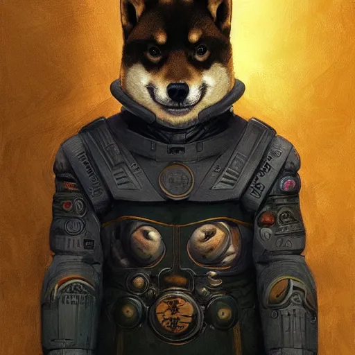 Prompt: lotus pose, anthropomorphic shiba inu, realistic scifi cyberpunk, wearing for man ukrainian traditional black vyshyvanka clothes, portrait art by donato giancola and greg rutkowski, realistic face, digital art, trending on artstation, symmetry