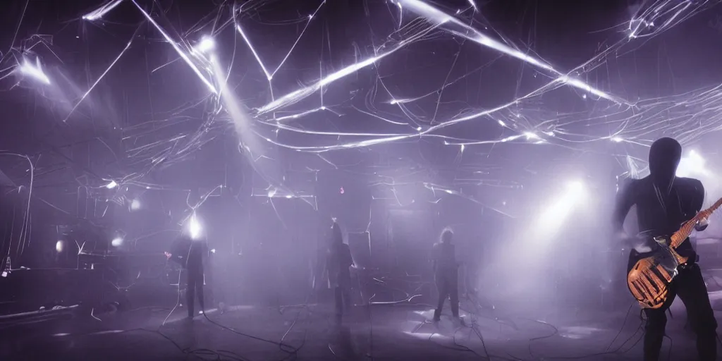 Image similar to dusty Trent Reznor smashing guitars, group of people on stage playing instruments, elaborate stage effects, dust, smoke, giant LED screens, colored projections, ultrafine detail, goth cybersuit, glowing thin wires, smoke, high contrast, projections, a screenshot by David Gilmour Blythe, holography, tesseract, volumetric lighting, anamorphic lens flare