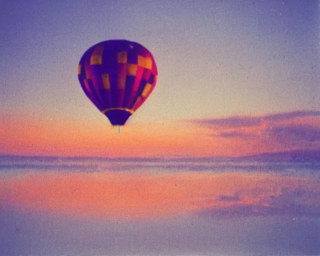 Prompt: a futuristic hot air balloon floats over a beach at violet and yellow sunset, whimsical and psychedelic art style, 1 9 6 0 s, polaroid photo, grainy, colorful, expired film