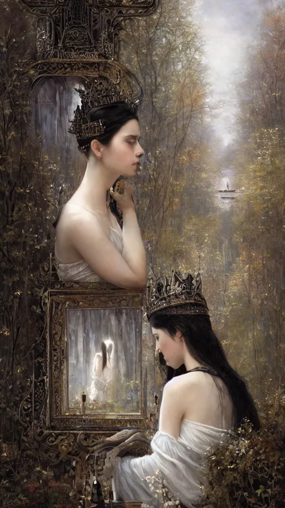 Image similar to secret view from behind wide mirror of a beautiful black haired woman with pale skin and a crown on her head sitted on an intricate metal throne, very deep stillness atmosphere, silence, dimension of still moment, spiritual feeling, digital art, by daniel ridgway knight