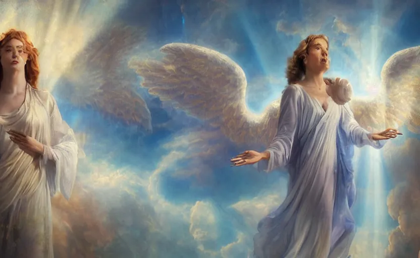 Prompt: a painting of an angel surrounded by angels, a detailed matte painting by david lachapelle, cgsociety contest winner, magical realism, angelic photograph, god rays, mystical