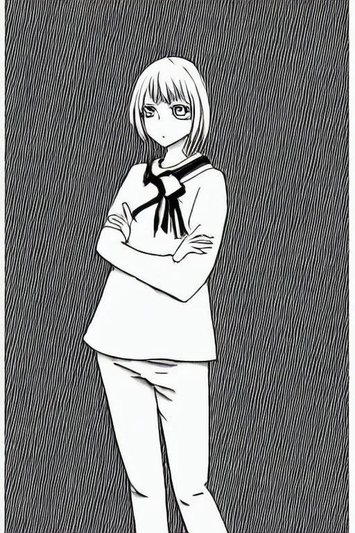 Prompt: portrait of a girl in long pants and a striped top, hands in pockets, eyes closed, bob haircut, digital art, black and white, lineart by kaoru mori