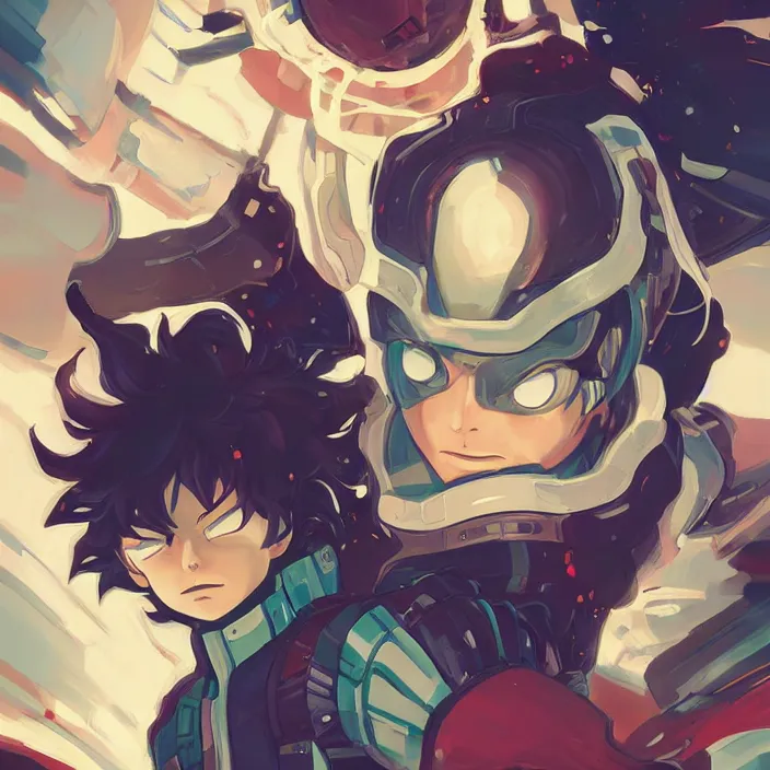 Image similar to anime portrait deku my hero academia futuristic science fiction, mucha, hard shadows and strong rim light, art by jc leyendecker and atey ghailan and sachin teng