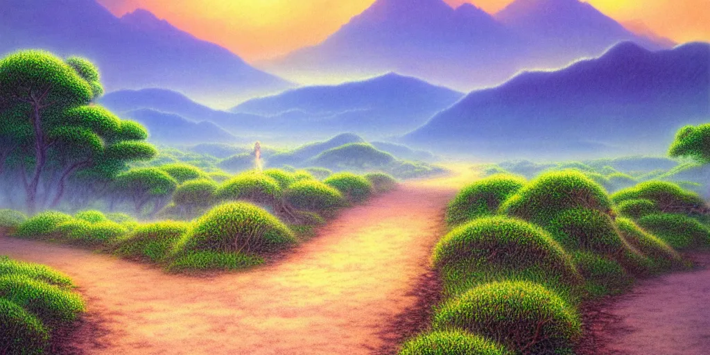 Image similar to a landscape pastel in the style of noriyoshi ohrai of a reflective path leading to some misty mountains in the background. along the path stands pillars. key art. 4 k retrofuturistic fantasy