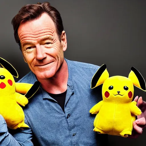 Prompt: Bryan Cranston holding a Pikachu plush toy, advertising photography