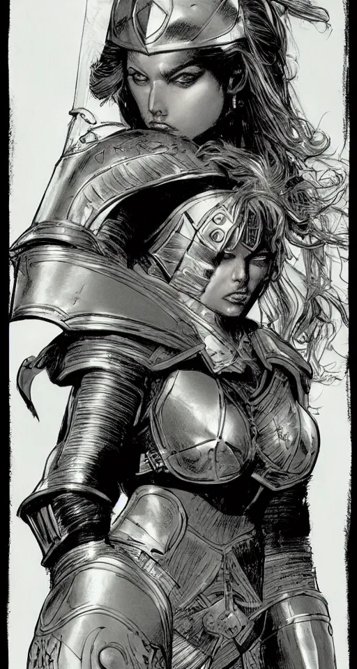 Prompt: a beautiful portrait of a female knight in armor in Travis Charest style