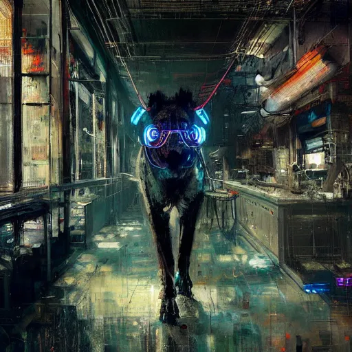 Image similar to robot cyborg hyena, many wires and neon lights exposed, metal and glowing eyes, highly detailed painting by jeremy mann