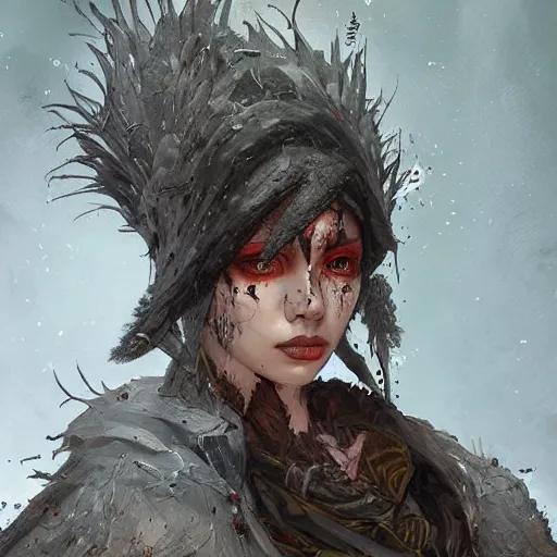 Prompt: closeup splatterpunk portrait of small darkelf in a heavy dark feathered and fur lined cloak, highly detailed, digital painting, artstation, concept art, smooth, sharp focus, photorealistic, art by Wei Fan and Fernanda Suarez and Artem Demura and alphonse mucha