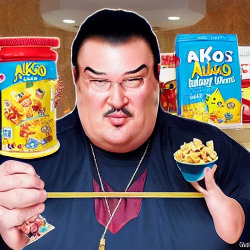 Image similar to obese steven seagal as sponsor of a sugary cereal called aikidos with cartoon rat mascot