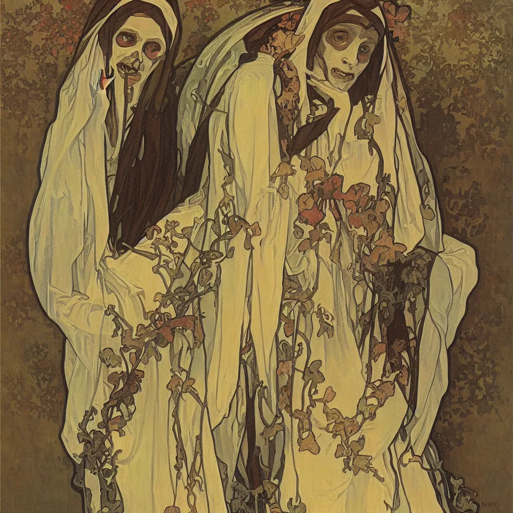 Prompt: A beautiful portrait of a skeleton nun in Impressionism style by Alphonse Mucha,oil on canvas