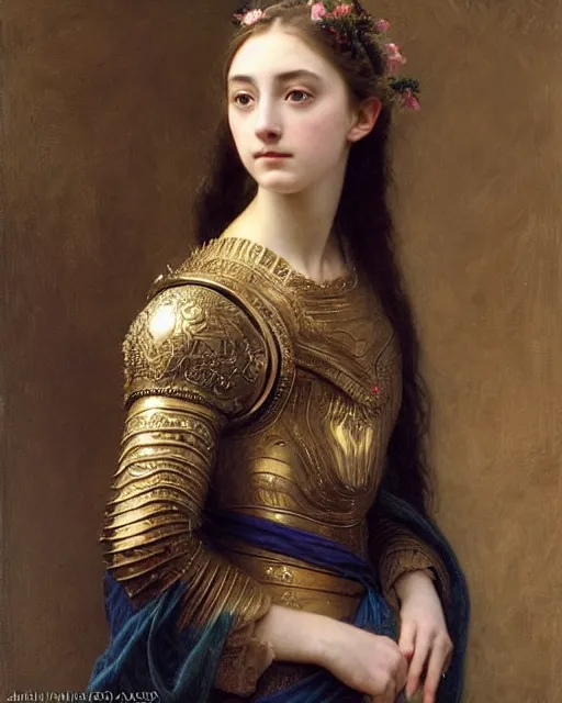 Image similar to a 16-year old girl who resembles Ana de Armas and Saoirse Ronan, dressed in ornate, detailed, intricate iridescent opal armor, detailed oil painting by William Adolphe Bouguereau and Donato Giancola