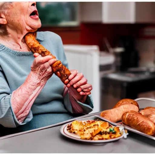 Prompt: elderly woman screaming at a sausage, canon eos r 3, f / 1. 4, iso 2 0 0, 1 / 1 6 0 s, 8 k, raw, unedited, symmetrical balance, wide angle