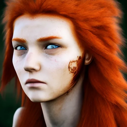 Image similar to north female warrior, red hair, ginger hair, fantasy, high detailed, full body, photography, cloudy, lightweight armor, Scandinavia, plain, Authentic, detailed face, cute face, professional photographer, 8k 3D