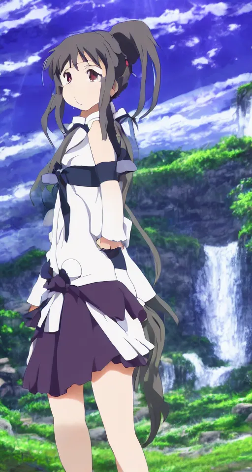 Image similar to high quality anime-style image of Hestia from Is It Wrong to Try to Pick Up Girls in a Dungeon wearing a plaid schoolgirl skirt, green curled pigtails hair, standing near a waterfall, 4k, digital art, wallpaper