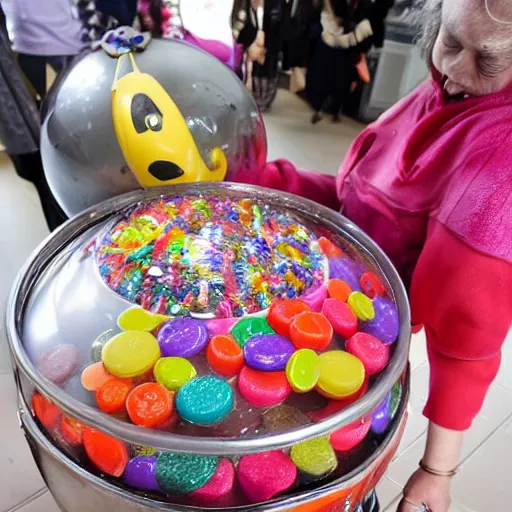 Image similar to A candy-maker melts down her creations in a cauldron that is made up of different types of sweets. It looks like an old-fashioned cauldron made out of sugar, candy, gumdrops, and other sweet treats. In the center, there is a large crystal ball floating above it with various kinds of candies on top of it. The candies move around the ball. A small hole at the bottom lets steam escape from the cauldron.