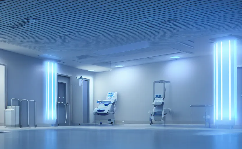 Image similar to a hospital with soft blue lights in the roof, octane render, artstation trending, highly detailded